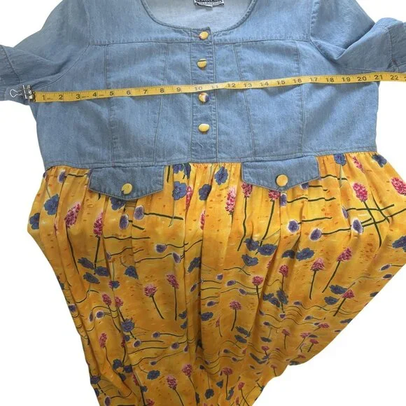Vintage Karlie Collection Denim & Floral Midi Dress Size 14 Yellow & Blue - Picture 10 of 11
